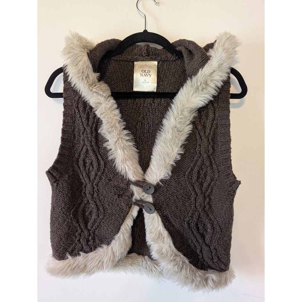 Vintage Y2K Old Navy Cableknit Sweater Vest Large Hood Fur Fairy Grunge Twilight